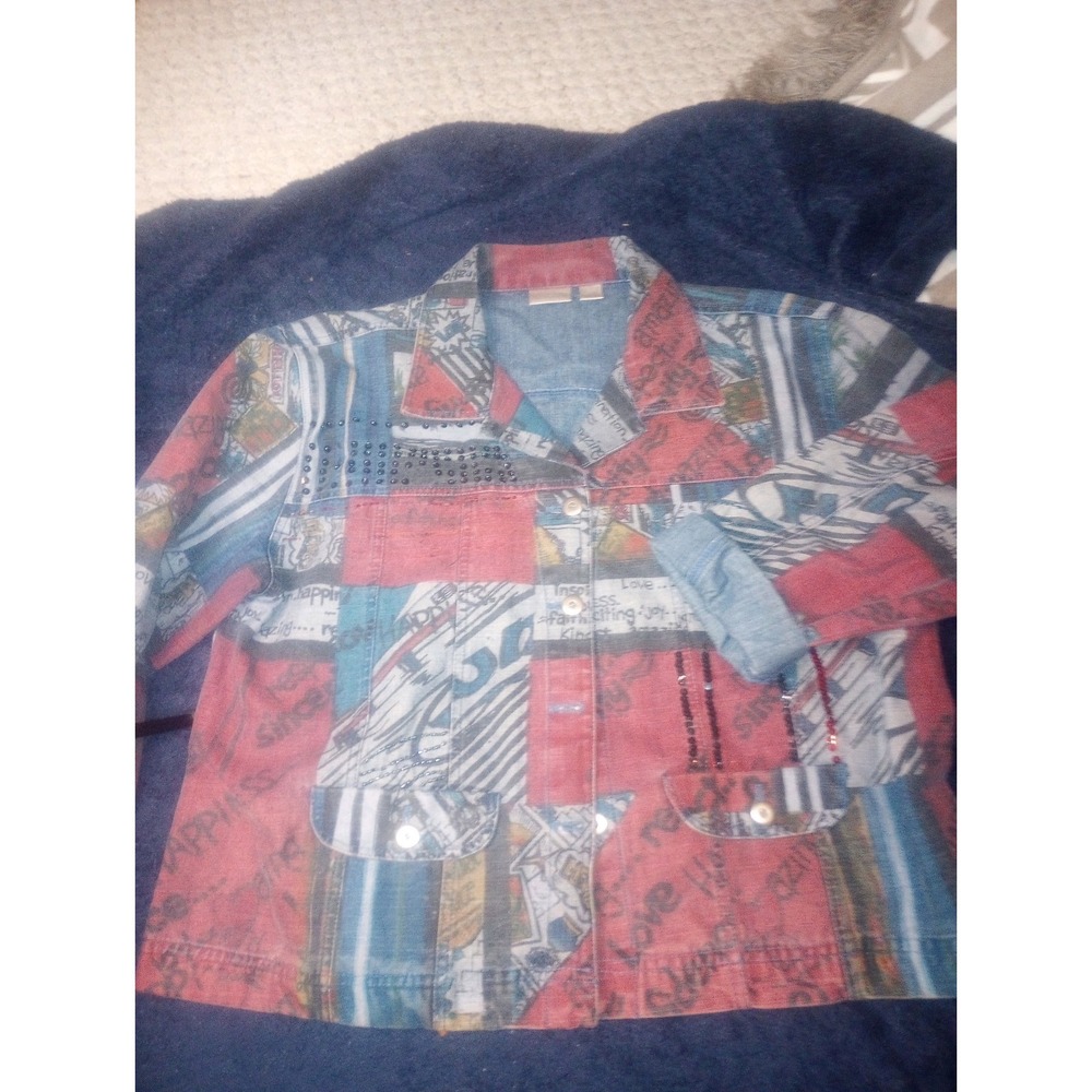 Chicos Sequin Multicolor Print Denim Jacket Cotton‎ Size 3